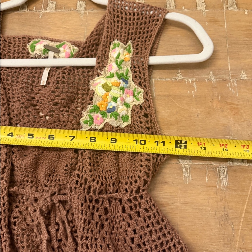 Free People Brown and Lavender Crochet Tie-Front Vest with Floral Patch - Picture 5 of 6